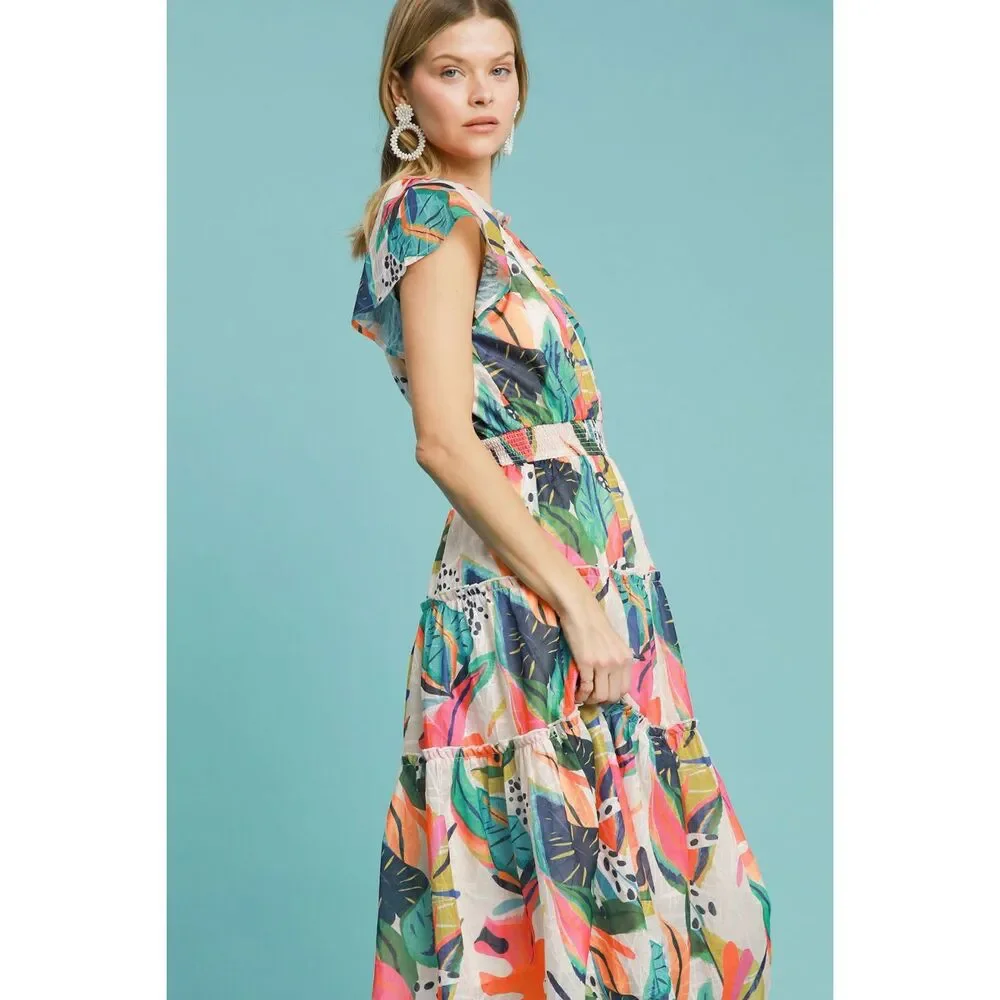 Umgee Full Size Leaf Print Cap Sleeve Tiered Midi Dress Plus Size - Picture 2 of 4